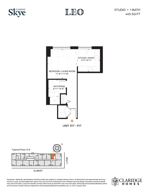 Floor plan for studio, 1 bath, 445 sqft